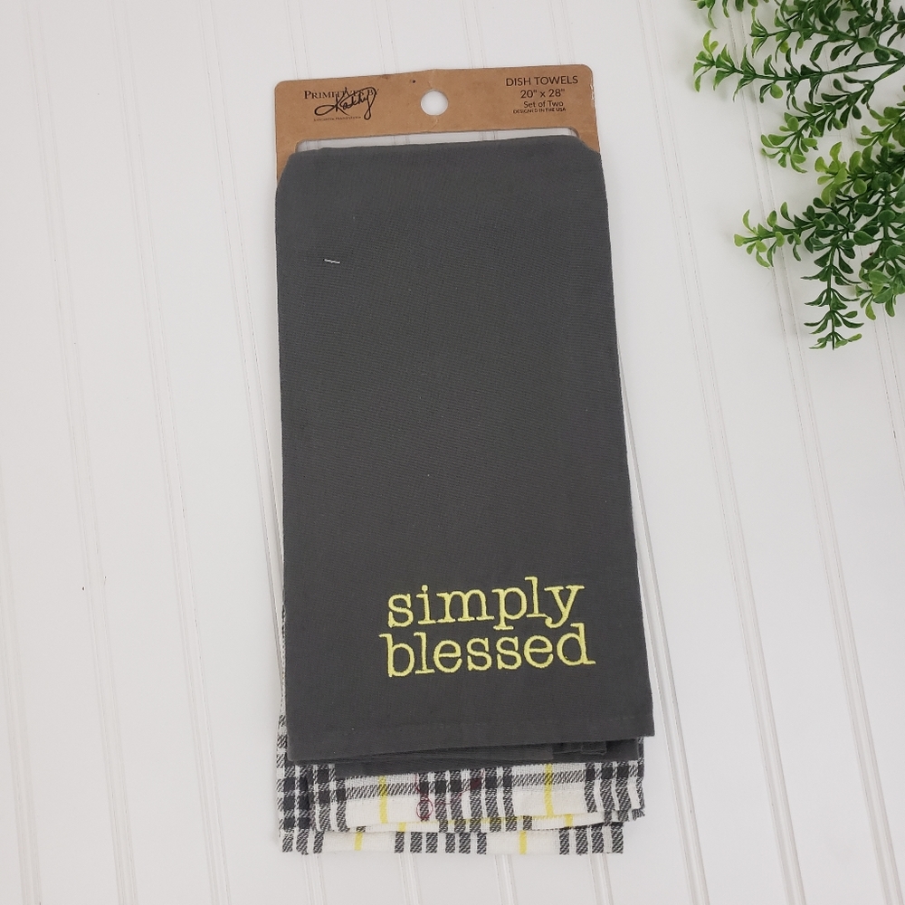 Primitives by Kathy Kitchen Towel Set Cotton County Plaid Gray Yellow NEW